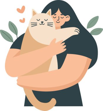 Düz vektör çizimi. Kız kedisine sarılıyor. Hayvanlara karşı sevgi ve dikkatli tavır anlayışı. Vektör illüstrasyonu