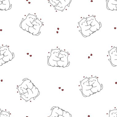 Kusursuz vektör deseni. Şirin şişman kediler sarılıyor, kalpler. Sevgililer Günü deseni 