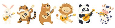 Bir grup çocuk vektör çizimi. Şirin inek panda tavşan tavşan aslan ve kaplan gitar çalıyor. Beyaz arka planda müzik aletleri olan hayvanlar. Vektör illüstrasyonu