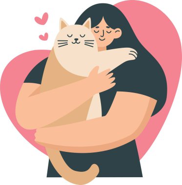 Düz vektör çizimi. Kız kedisine sarılıyor. Hayvanlara karşı sevgi ve dikkatli tavır anlayışı. Vektör illüstrasyonu