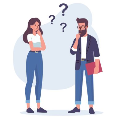 Düz vektör çizimi. Bir kadın ve bir erkek sorunları tartışıyorlar, bir karar vermeyi düşünüyorlar, bir fikir üretiyorlar. Ortak fikir kavramı. Vektör illüstrasyonu