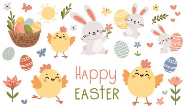 Paskalya günü için düz vektör çizimleri. Tatlı Paskalya tavşanları, tavuklar, yumurta sepeti, Paskalya yumurtaları, çiçekler ve kelebekler. Mutlu Paskalya yazıları. Vektör illüstrasyonu