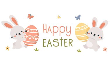 Paskalya bayramı temalı şirin bir afiş. Renkli yumurtalar taşıyan şirin Paskalya tavşanları. Üzerinde 