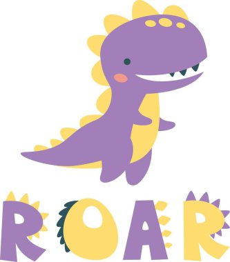 Vektör çocuklar illüstrasyon. Şirin Terranosaurus ve yazıt kükremesi. Çocuk ürünleri için baskı. Vektör illüstrasyonu