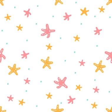 Kusursuz vektör deseni. Şirin pembe ve turuncu deniz yıldızları. Safça bir tasvir. Vektör illüstrasyonu