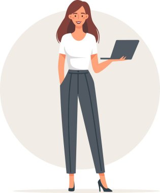 Düz vektör çizimi. Gülümseyen ve dizüstü bilgisayar tutan sevimli bir kadın. Vektör illüstrasyonu