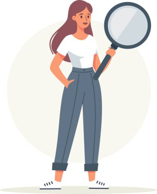 Düz vektör çizimi. Gülümseyen ve elinde kocaman bir büyüteç tutan sevimli bir kadın. Bilgi araması. Vektör illüstrasyonu