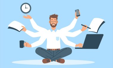 Düz vektör çizimi. Ofis kıyafetleri içinde üç çift eli olan genç bir adam aynı anda pek çok şey yapıyor. Çoklu görev ve sakinlik kavramı. Vektör illüstrasyonu