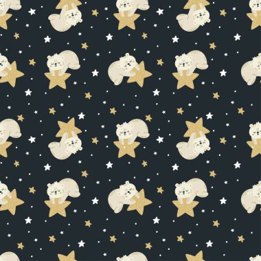 Kusursuz vektör deseni. Tatlı ayı uyuyor ve bir yıldız tutuyor. Ay ve yıldızlar, gece gökyüzü. Vektör illüstrasyonu