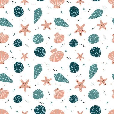Denizcilik temalı kusursuz vektör deseni. Beyaz arka planda şirin kabuklar ve deniz yıldızları. Beyaz arka plandaki ürünler için desen. Vektör illüstrasyonu