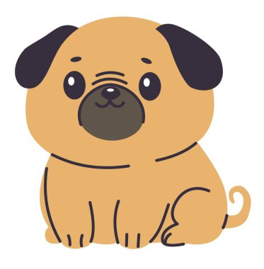 Çocuk tarzında düz vektör çizimi. Beyaz arka planda sevimli bir pug. Vektör illüstrasyonu