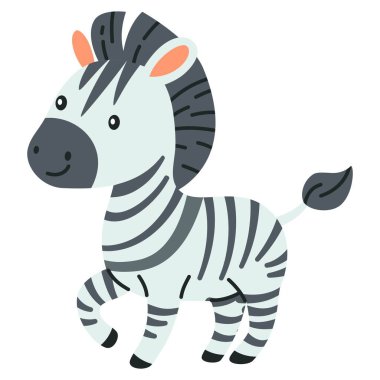 Çocuk tarzında düz vektör çizimi. Beyaz arka planda şirin bir zebra. Vektör illüstrasyonu