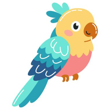 Beyaz arkaplanda düz vektör çizimi. Şirin tropikal papağan. Vektör illüstrasyonu