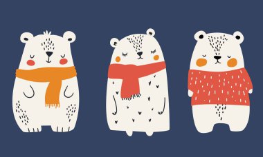 İskandinav tarzında düz vektör çizimleri. Eşarplı ve kazaklı şirin beyaz ayılar, Noel çizimleri. Vektör illüstrasyonu