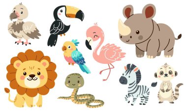 Savana hayvanlarının çocuk tarzında düz vektör çizimleri. Tatlı gergedan lemur lemuru flamingo tukan akbaba yılan zebra papağanı. Vektör illüstrasyonu