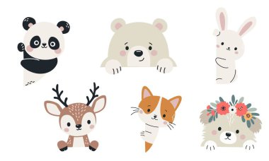 Çocuk tarzında bir dizi düz vektör çizimi. Pankartların arkasından bakan sevimli hayvanlar, metnin için yer. Ayı köpek tavşan tavşan geyik kedi panda. Vektör illüstrasyonu