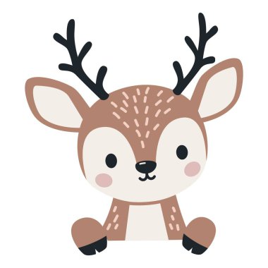 Çocuk tarzında vektör pankartı. Pankartın arkasından bakan sevimli ren geyiği. Vektör illüstrasyonu