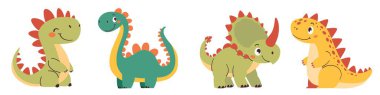 Çizgi film tarzında vektör çizimleri. Beyaz arka planda süper sevimli dinozorlar. Vektör illüstrasyonu