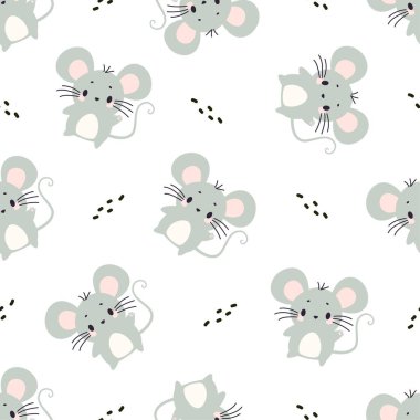 Kusursuz vektör deseni. Pençesini sallayan sevimli gri fare, beyaz arka plan, siyah noktalar. Vektör illüstrasyonu