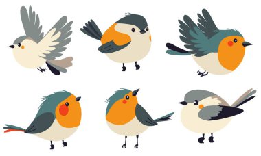 Çocuk tarzında bir dizi düz vektör çizimi. Şirin kuşlar oturuyor ve uçuyor. Vektör illüstrasyonu