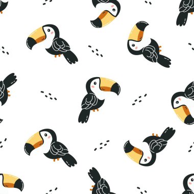 Çizgi film tarzında kusursuz vektör deseni. Beyaz arka planda şirin bir tukan. - Evet. Vektör illüstrasyonu