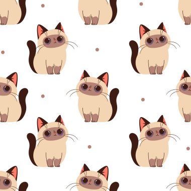 Beyaz arka planda çocuk tarzında kusursuz vektör deseni. Şirin siyam kedisi. Vektör illüstrasyonu