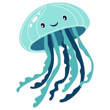 Çocuk tarzında düz vektör çizimi. Beyaz arka planda gülümseyen yüzü olan sevimli denizanası. Vektör illüstrasyonu