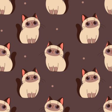 Çocukların tarzında koyu arkaplanda kusursuz vektör deseni. Şirin siyam kedisi. Vektör illüstrasyonu