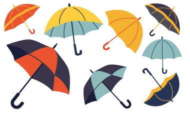 Beyaz arka planda şemsiyelerin vektör illüstrasyonlarının toplanması. Vektör illüstrasyonu