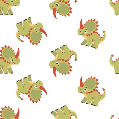 Beyaz arka planda çocuk tarzında kusursuz vektör deseni. Beyaz arka planda sevimli bir dinozor. Vektör illüstrasyonu