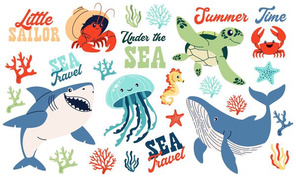 Set of flat vector illustrations on the theme of marine inhabitants. Cute shark crab crayfish hermit jellyfish turtle seahorse sea stars and corals lettering. Vector illustration