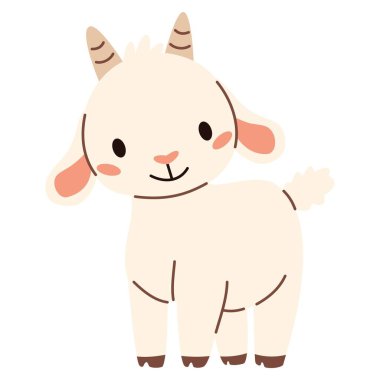 Düz vektör çizimi. Çiftlikten gelen evcil hayvanlar. Beyaz arka planda şirin bir keçi. Vektör illüstrasyonu