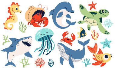 Deniz sakinlerinin teması üzerine bir dizi düz vektör çizimi. Şirin köpekbalığı yengeci kerevit deniz kaplumbağası deniz atı, deniz yıldızı ve mercan yunus balığı. Vektör illüstrasyonu
