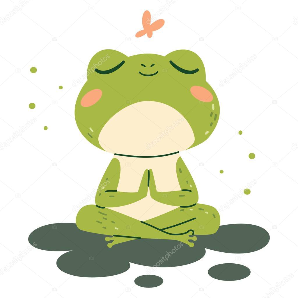 Flat vector illustration in childrens style. Cute frog sitting in lotus pose and meditating . Vector illustration