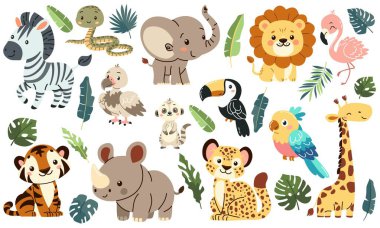 Savana hayvanlarının çocuk tarzında düz vektör çizimleri. Tatlı gergedan lemur lemuru flamingo tukan akbaba yılan zebra papağan kaplan zürafa leopar çita tropik yapraklar.