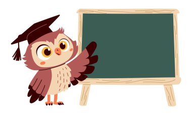 Çocuk tarzında düz vektör çizimi. Gözlüklü sevimli baykuş okul tahtasına bakıyor. Mesajın için yer aç. Vektör illüstrasyonu