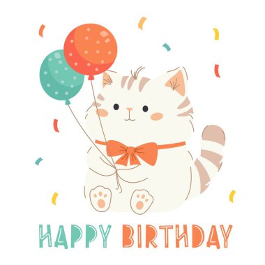 Beyaz arkaplanda çocuk tarzında düz vektör çizimi. Balon tutan sevimli kedi yavrusu, doğum günü partisi. İyi ki doğdun yazıtlar. Vektör illüstrasyonu