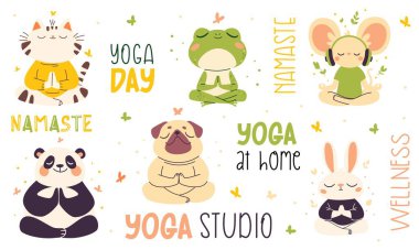 Lotus pozisyonunda hayvan koleksiyonu. Pug, panda, tavşan, fare, Lotus 'taki kedi ve kurbağa meditasyon, yoga harfleri. Vektör illüstrasyonu