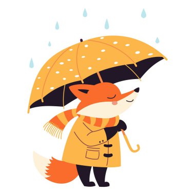 Çocuk tarzında düz vektör çizimi. Yağmurda şemsiyenin altında duran ceketli şirin tilki. - Evet. Vektör illüstrasyonu