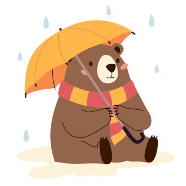 Beyaz arkaplanda çocuk tarzında düz vektör çizimi. Yağmurda şemsiye tutan atkı takan sevimli bir ayı. Güzel sonbahar çizimi. Vektör illüstrasyonu
