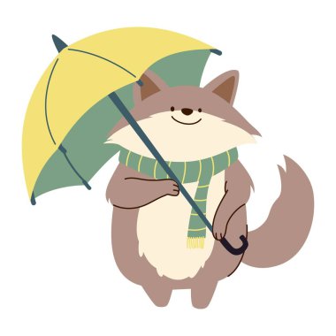 Beyaz arkaplanda çocuk tarzında düz vektör çizimi. Yağmurda şemsiye tutan atkı takan sevimli bir kurt. Güzel sonbahar çizimi. Vektör illüstrasyonu