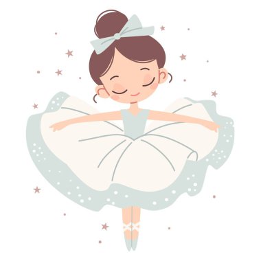  Çocuk tarzında düz vektör çizimi. Beyaz arka planda dans eden sevimli balerin. Vektör illüstrasyonu