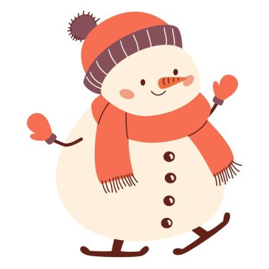 Yeni yıl temasında çocuk tarzında düz vektör illüstrasyonu. Şapkalı şirin bir kardan adam ve buz pateni eldivenleri. Vektör illüstrasyonu