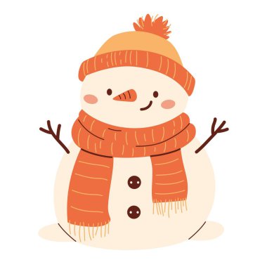 Yeni yıl temasında çocuk tarzında düz vektör illüstrasyonu. Şapkalı ve eldivenli şirin bir kardan adam. Vektör illüstrasyonu