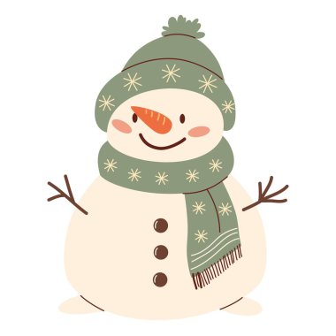 Yeni yıl temasında çocuk tarzında düz vektör illüstrasyonu. Şapkalı ve eldivenli şirin bir kardan adam. Vektör illüstrasyonu