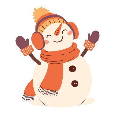 Yeni yıl temasında çocuk tarzında düz vektör illüstrasyonu. Şapkalı, eldivenli ve kulaklıklı sevimli bir kardan adam. Vektör illüstrasyonu