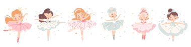 Şirin dansçıların vektör koleksiyonu. Beyaz arka planda dans eden güzel balerin prensesler. Vektör illüstrasyonu