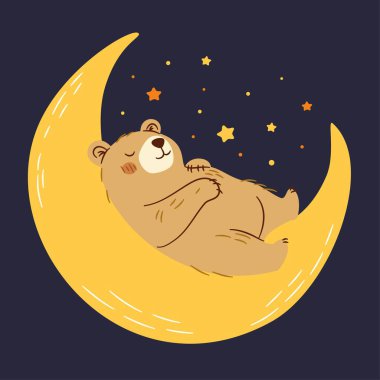 Çocuk tarzında sevimli vektör çizimi. Ay 'da uyuyan sevimli ayı yavrusu, gece gökyüzü. Vektör illüstrasyonu