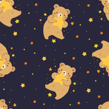 Karanlık arka planda çocuk tarzında kusursuz vektör deseni. Uzayda uçan ve pençelerinde bir yıldız tutan sevimli bir ayı. Vektör illüstrasyonu