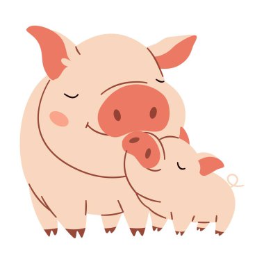 Düz vektör çizimi. Beyaz arka planda domuz yavrusu olan şirin bir domuz. Anne sevgisi. Vektör illüstrasyonu